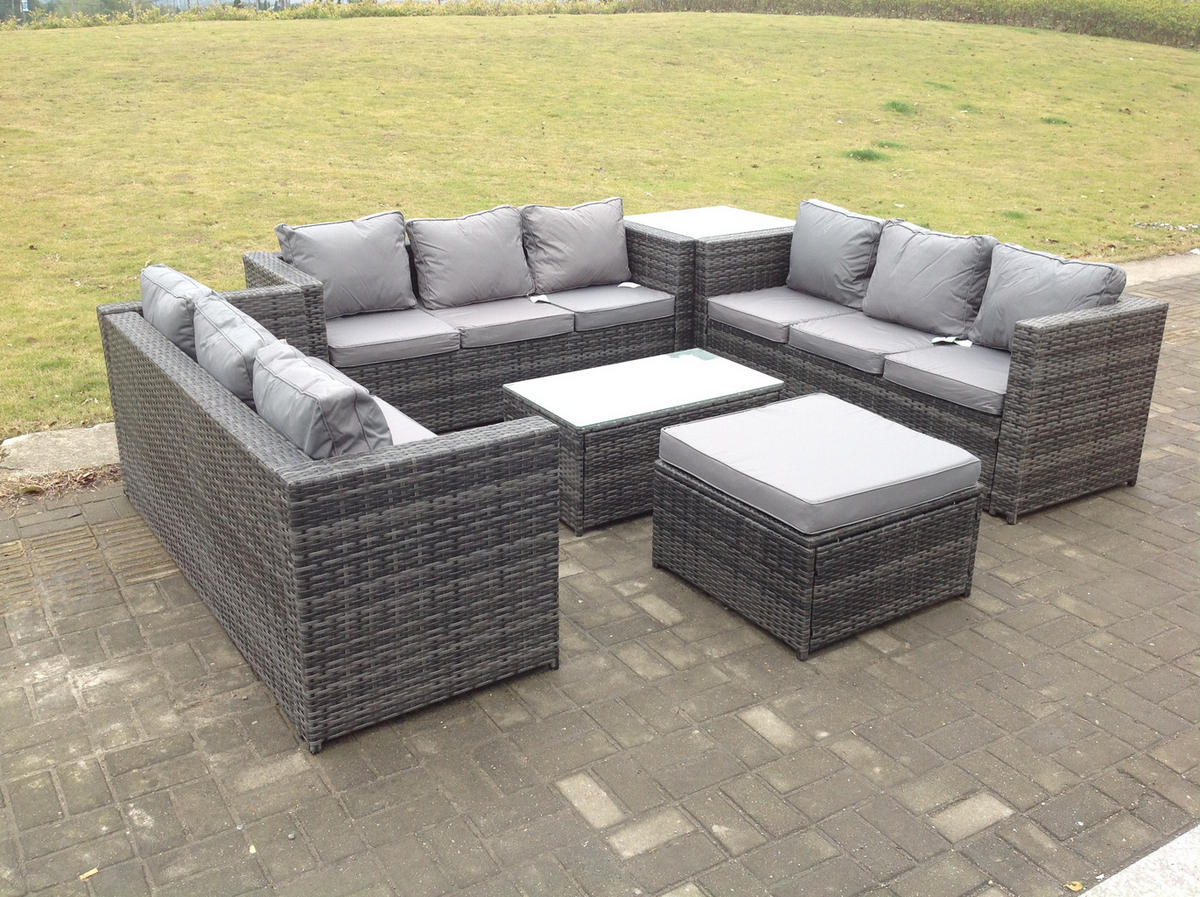 GARTENSOFA Hohe Rückenlehne Polyrattan 10-Sitzer - Dunkelgrau/Grau, Glas/Kunststoff - Fimous