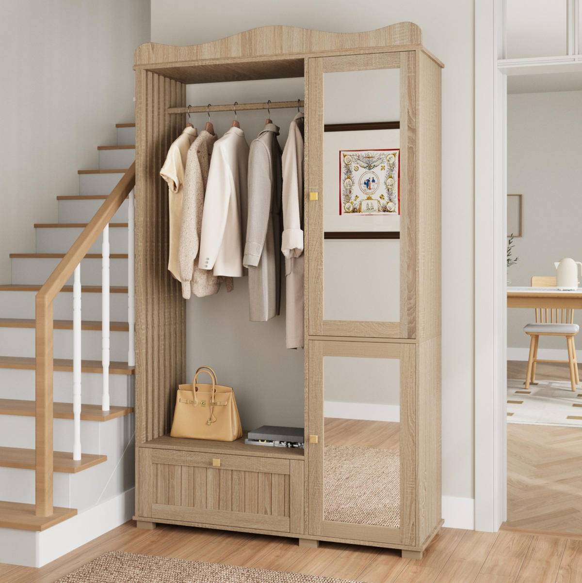 GARDEROBENSCHRANK mit Spiegel und Kleiderstange 115,5 x 38,5 x 194,5 cm MDF Eiche - Hellbraun, Holzwerkstoff (38.5/194.5/115.5cm) - Beauniv