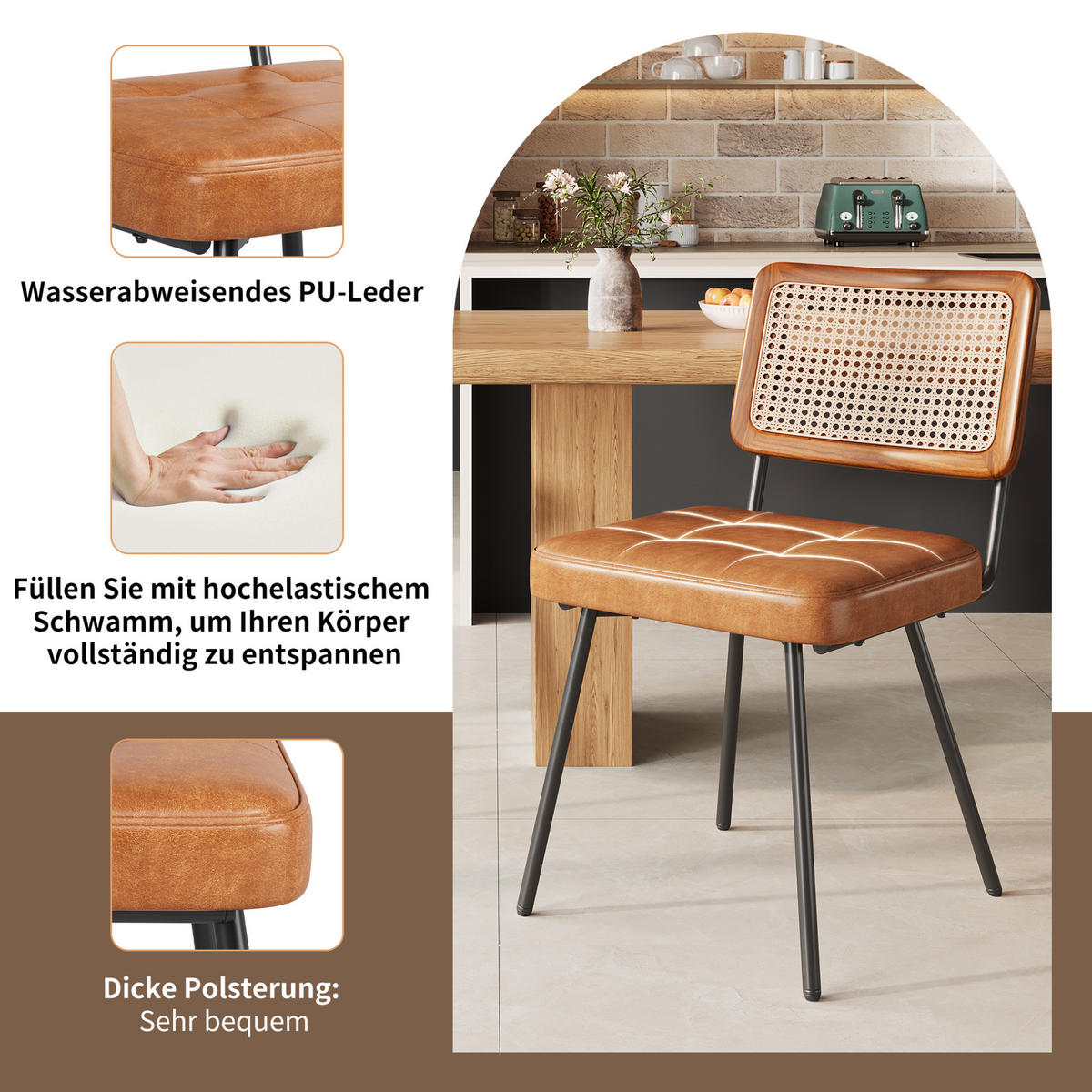 ESSZIMMERSTUHL mit PE-Rattan 61 x 46 x 79 cm PU-Leder Braun - Braun, Metall (44/79/46.1cm) - Meubliv