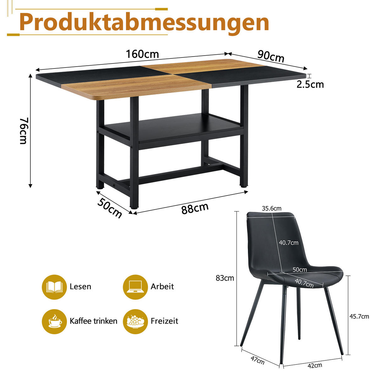 ESSGRUPPE DE-39360 5-teilig, mit Ablagefach und 4 PU-Sesseln Schwarz - Schwarz, Holzwerkstoff (160/76/90cm) - ComfortXL