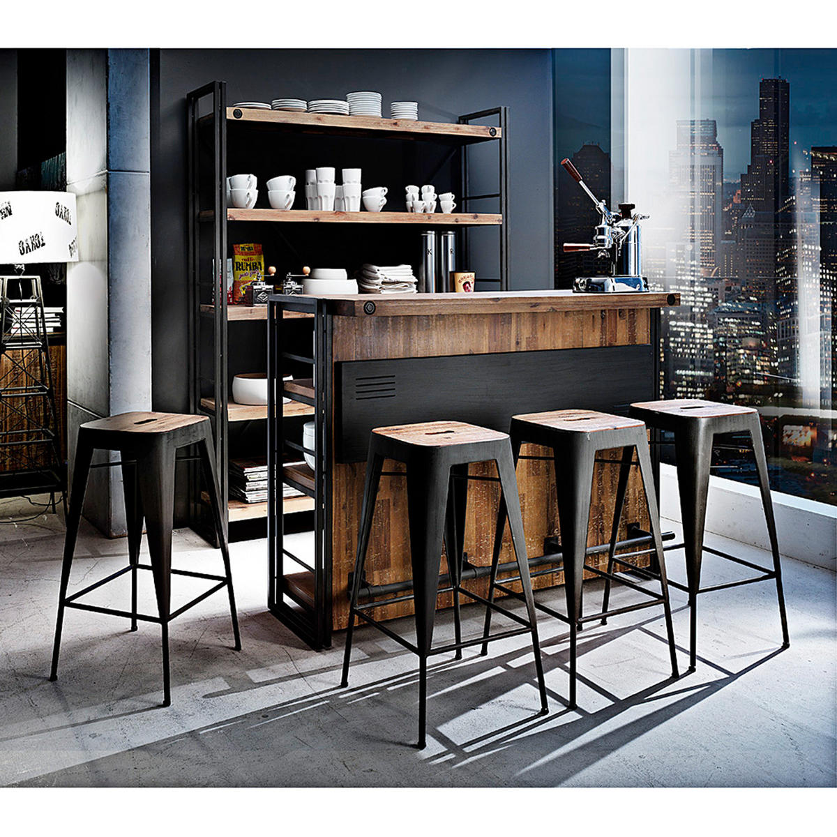 BARHOCKER - 2er-Set - Akazie massiv / Metall - Akaziefarben, Holz/Metall (40/70/40cm) - home24
