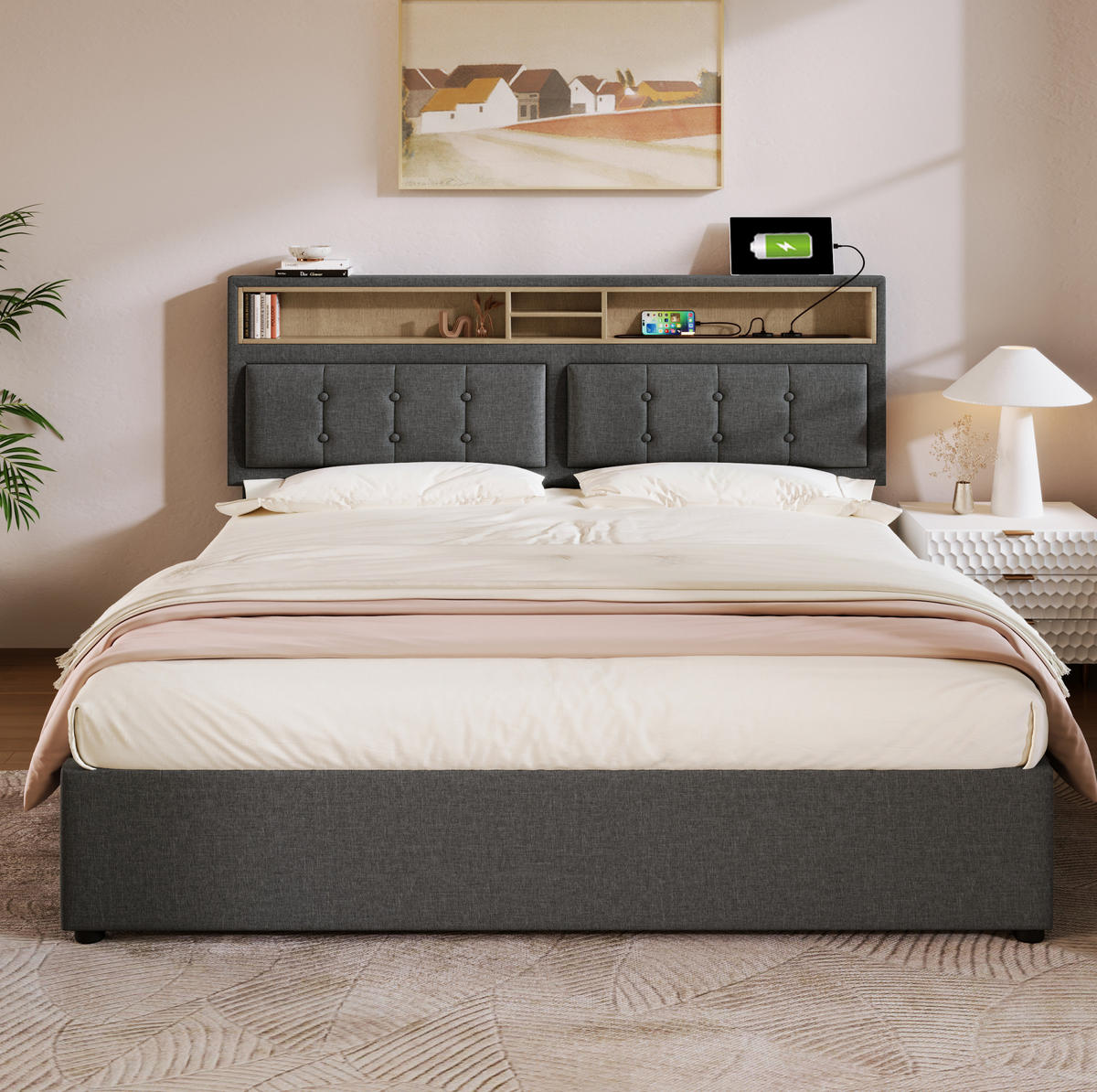 POLSTERBETT mit Stauraum und USB/Typ-C 160x200 cm Leinen Grey - Grau, Metall (160/200cm) - Meubliv