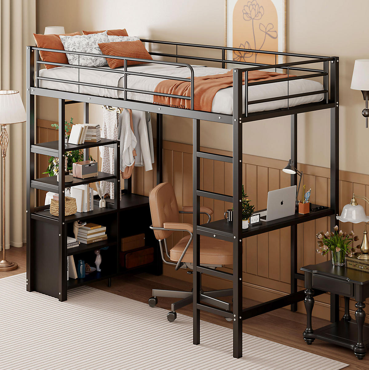 HOCHBETT 90/200 cm Schwarz aus Metall mit Schreibtisch und Regalen - Schwarz, Metall (90/200cm) - OKMYHOME