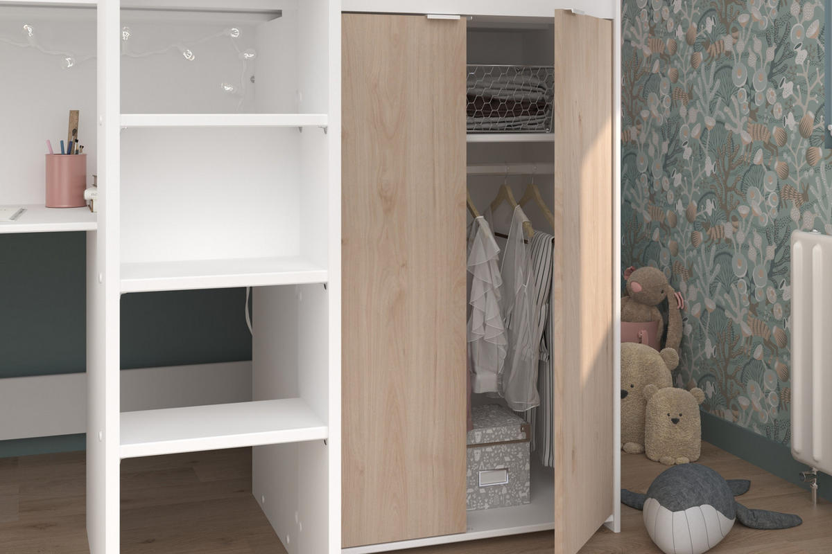HOCHBETT mit Kleiderschrank und Schreibtisch Bett 90 x 200 cm - Eichefarben/Silberfarben, Holz/Holzwerkstoff (90/200cm) - Parisot Meuble