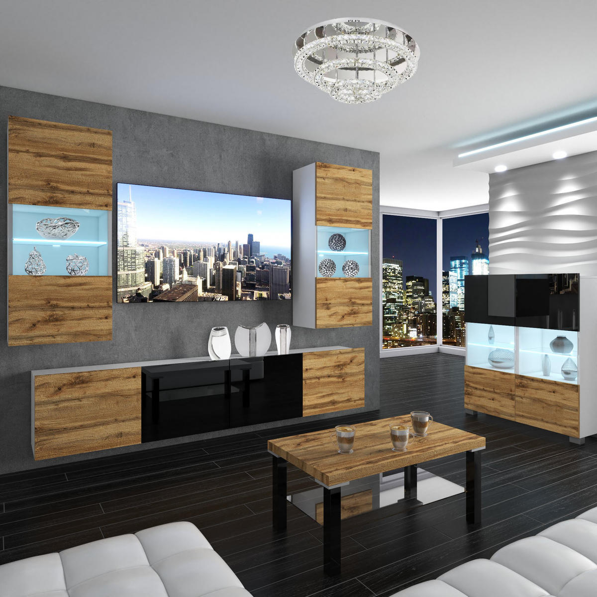 WOHNZIMMERWAND Schrankwand mit LED Wotan Eiche / Schwarz seiten Wotan Eiche - Schwarz/Braun, Holz (200/180/36cm) - B BELINI GROUP