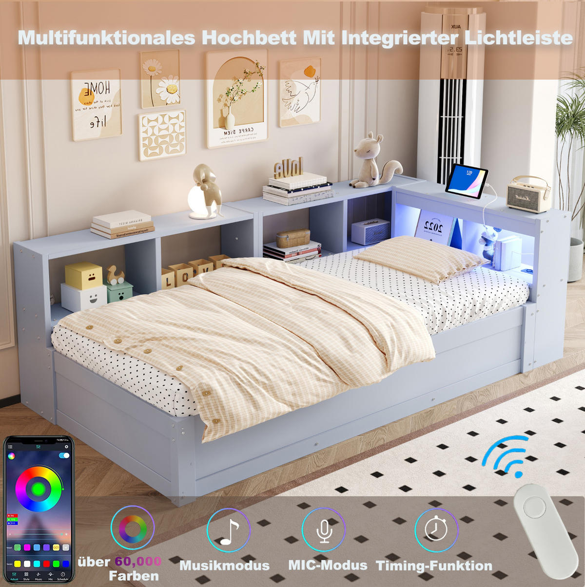 BETT 90/200 cm aus MDF mit LED und Stauraum, Grau - Grau, Holzwerkstoff (90/200cm) - OKMYHOME