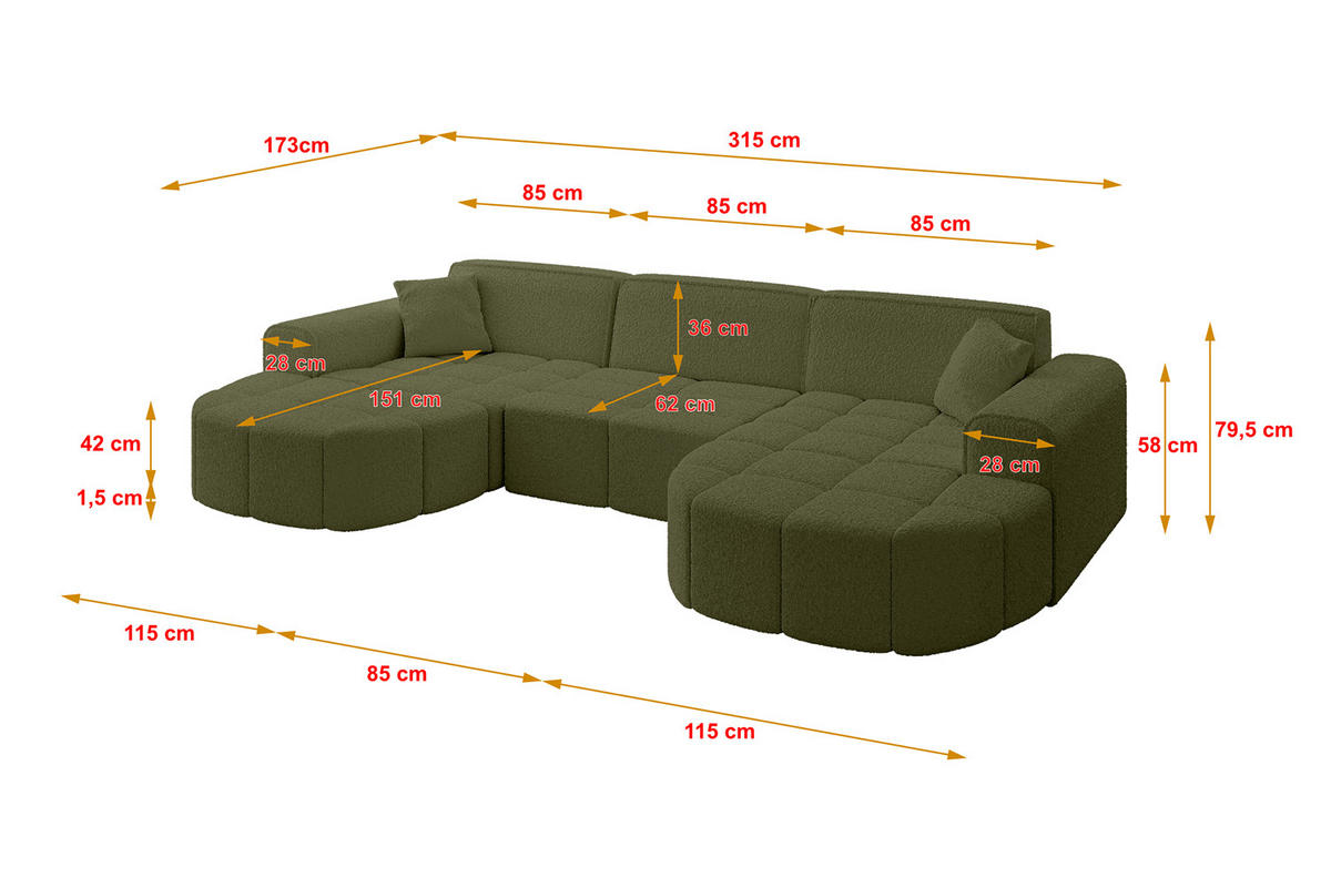 WOHNLANDSCHAFT LIVO-U1 - 315x173x79,5 cm Grün - Grün, Holzwerkstoff/Textil (315/79/173cm) - ALTDECOR