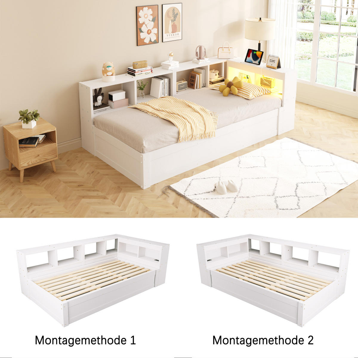 SCHLAFSOFA 90x200cm LED Stauraum Steckdose Massivholz Weiß - Weiß, Holzwerkstoff (90/200cm) - FLIEKS
