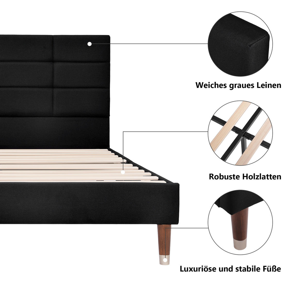 POLSTERBETT 140/200 cm Grau aus Leinen mit Lattenrost - Grau, Holz (140/200cm) - OKMYHOME