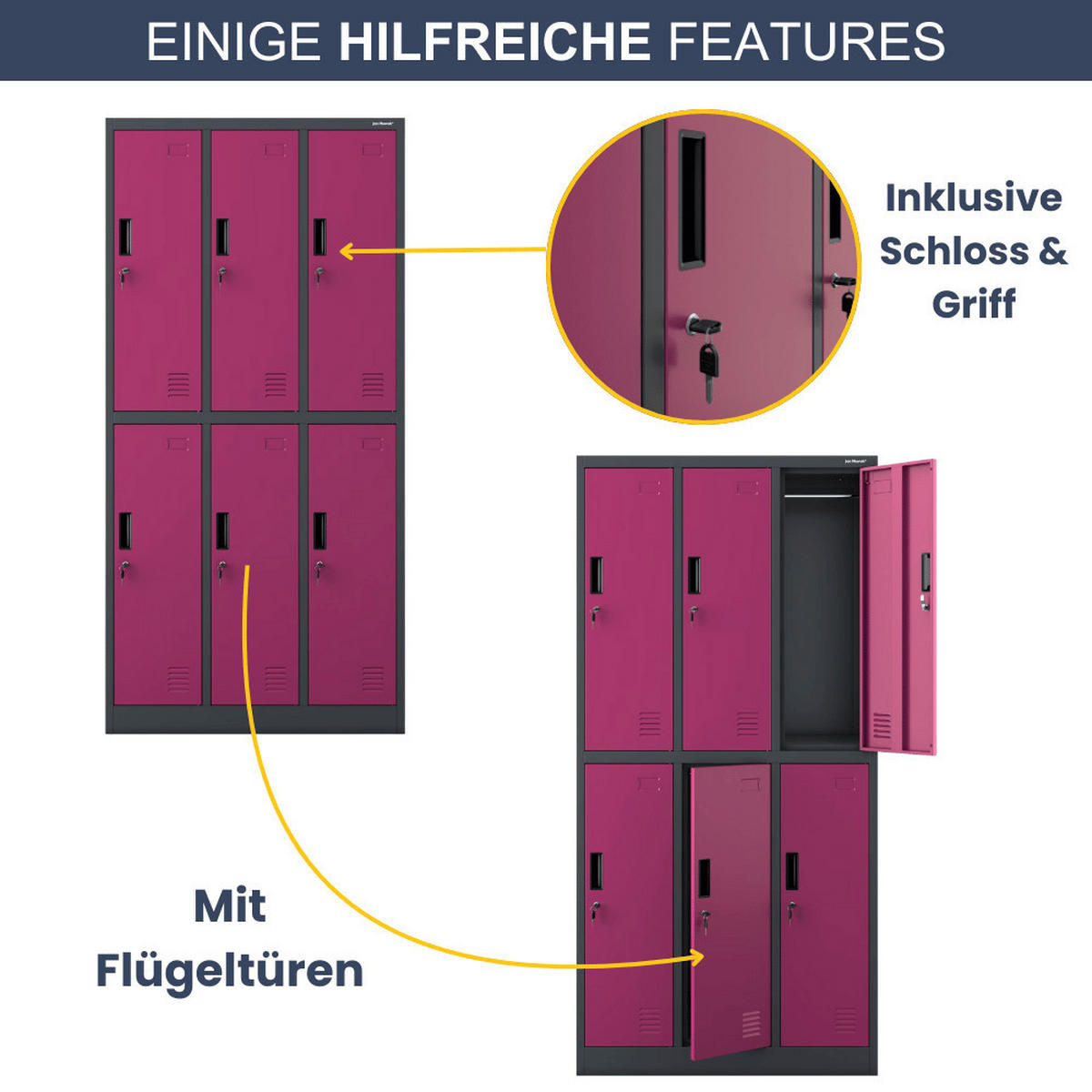 UMKLEIDESCHRANK Spind TOKIO 6 Abteile 185x90x45cm Anthrazit-Lila - Anthrazit, Metall (90/185/45cm) - DELUKE