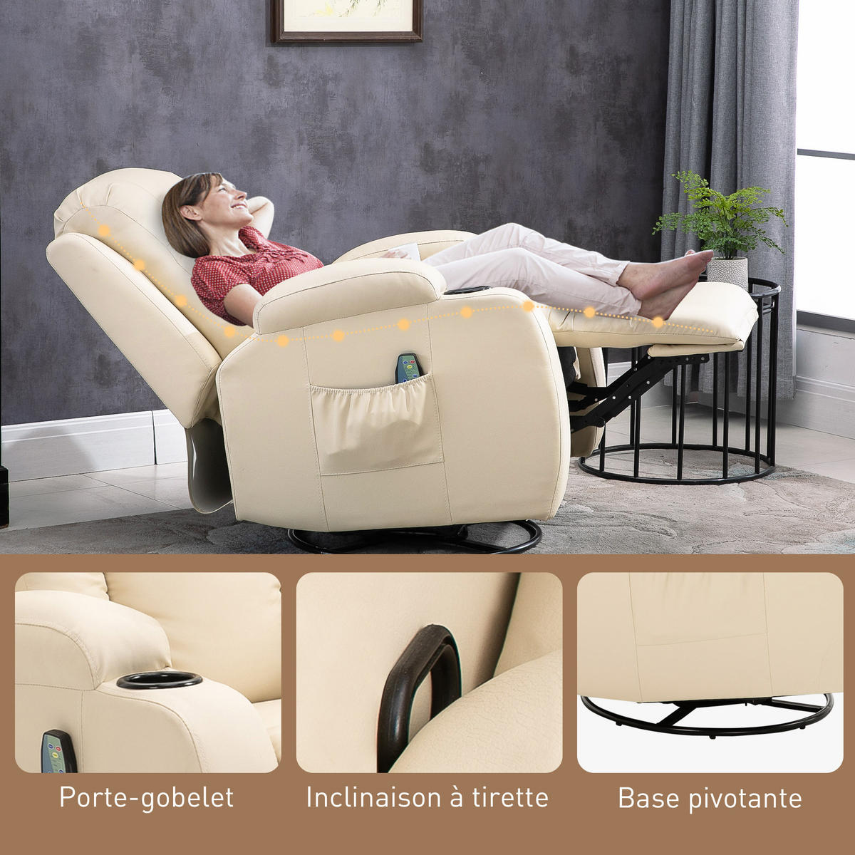 MASSAGESESSEL DE-15404 360° drehbar mit Massage und Heizung - Creme, Leder (94/104/85cm) - ComfortXL