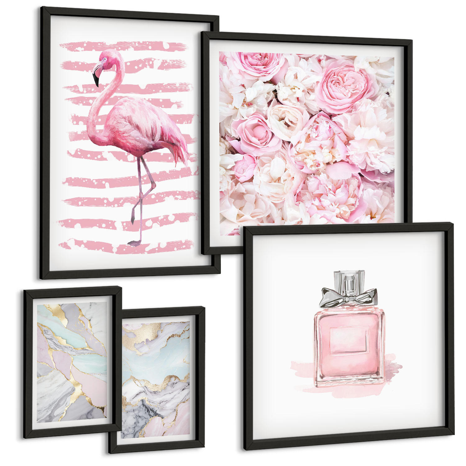 BILDER SET 5er Set - 50x50 cm & 20x30 cm & 40x60 cm Schwarzer Rahmen - Rosa Blumen Marmor Pastell - Schwarz, Kunststoff (40/60cm) - TULUP
