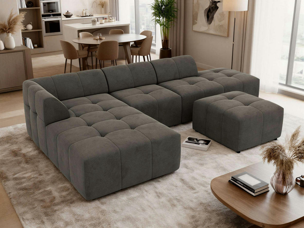 ECKSOFA GRIDA 4M L Dunkelgrau Velvet - Links - Dunkelgrau/Schwarz, Kunststoff/Textil (335/176cm) - MKS