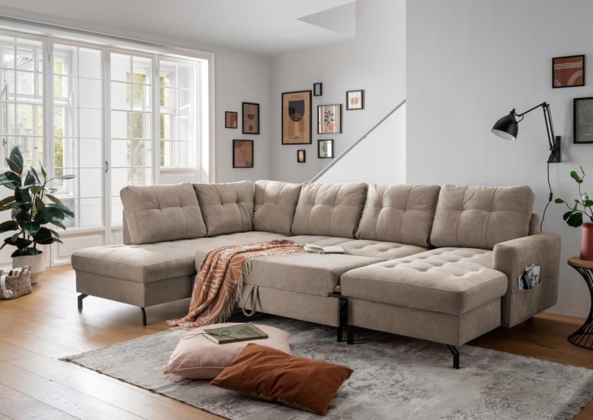 WOHNLANDSCHAFT mit Schlaffunktion und Bettkasten - Schwarz/Braun, Textil/Metall (305/92/200cm) - myHomelando