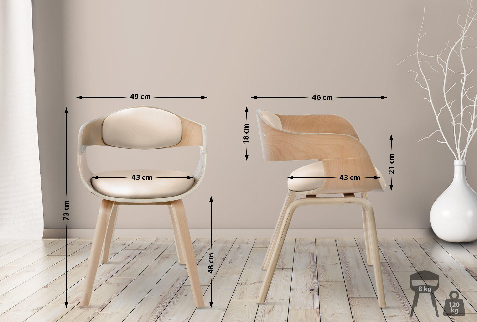 ARMLEHNENSTUHL Lederlook Natura/Creme - Eukalyptusholzfarben/Creme, Holz/Textil (49/73/46cm) - CLP