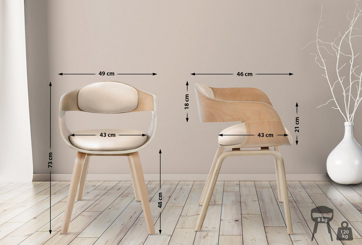 ARMLEHNENSTUHL Lederlook Natura/Creme - Eukalyptusholzfarben/Creme, Holz/Textil (49/73/46cm) - CLP