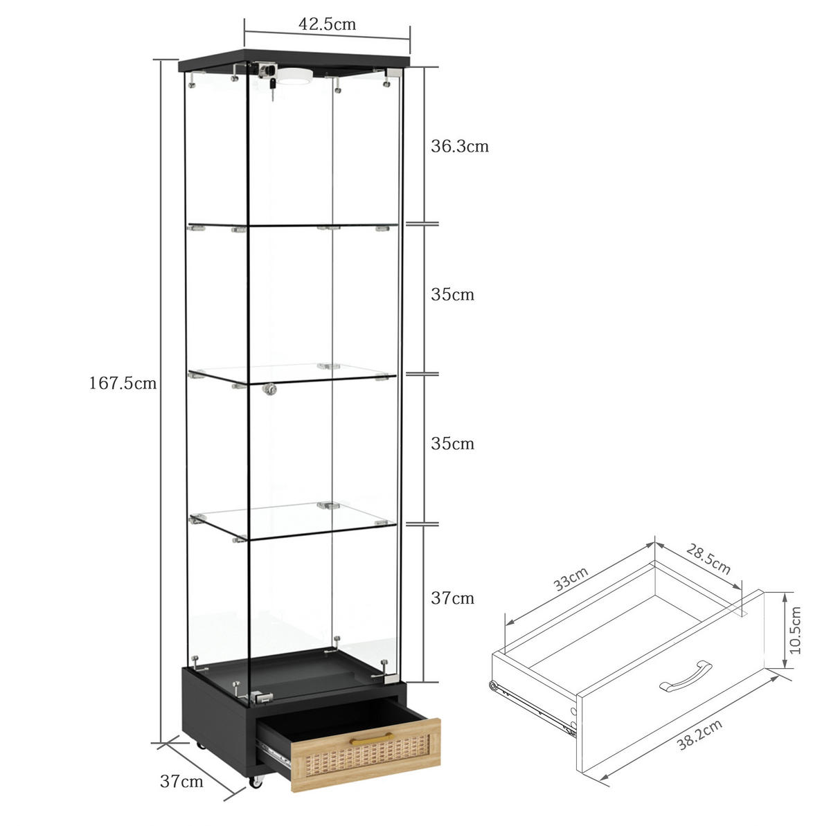 VITRINE 36,5/42,5/167 cm schwarz aus MDF und Glas mit LED und Rollen - Schwarz, Holzwerkstoff (42.5/167/36.5cm) - OKWISH