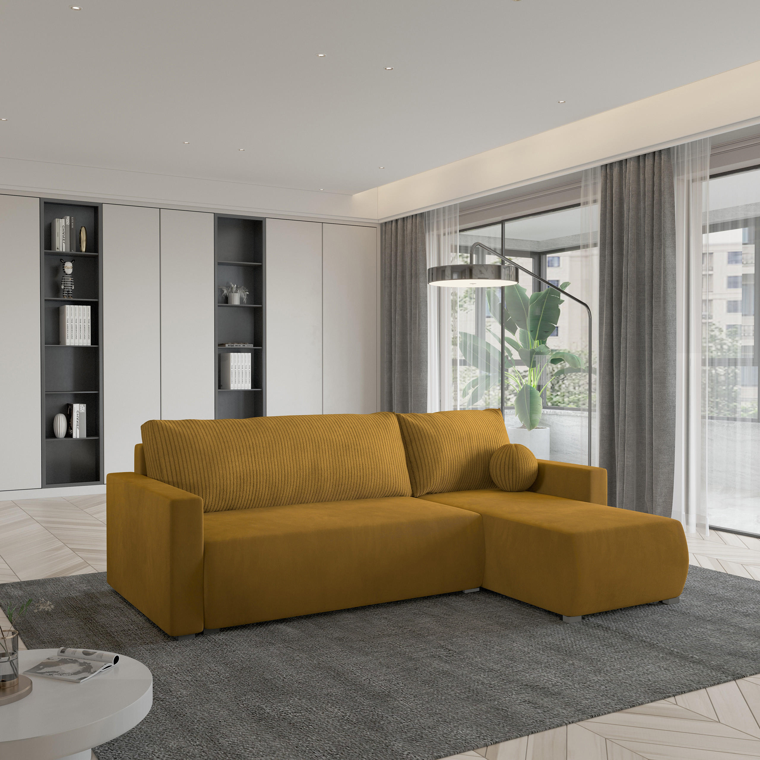 ECKSOFA SORGE Gelb Plüsch-Stoff mit Schlaffunktion - Gelb, Holz (220/143cm) - MASSENO