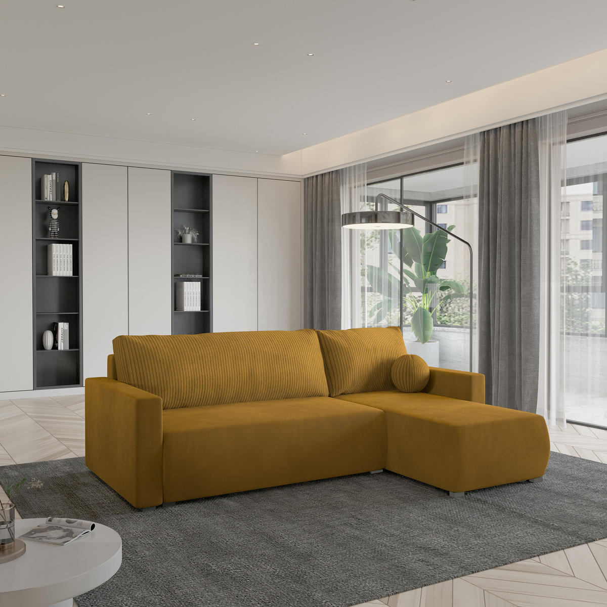 ECKSOFA SORGE Gelb Plüsch-Stoff mit Schlaffunktion - Gelb, Holz (220/143cm) - MASSENO