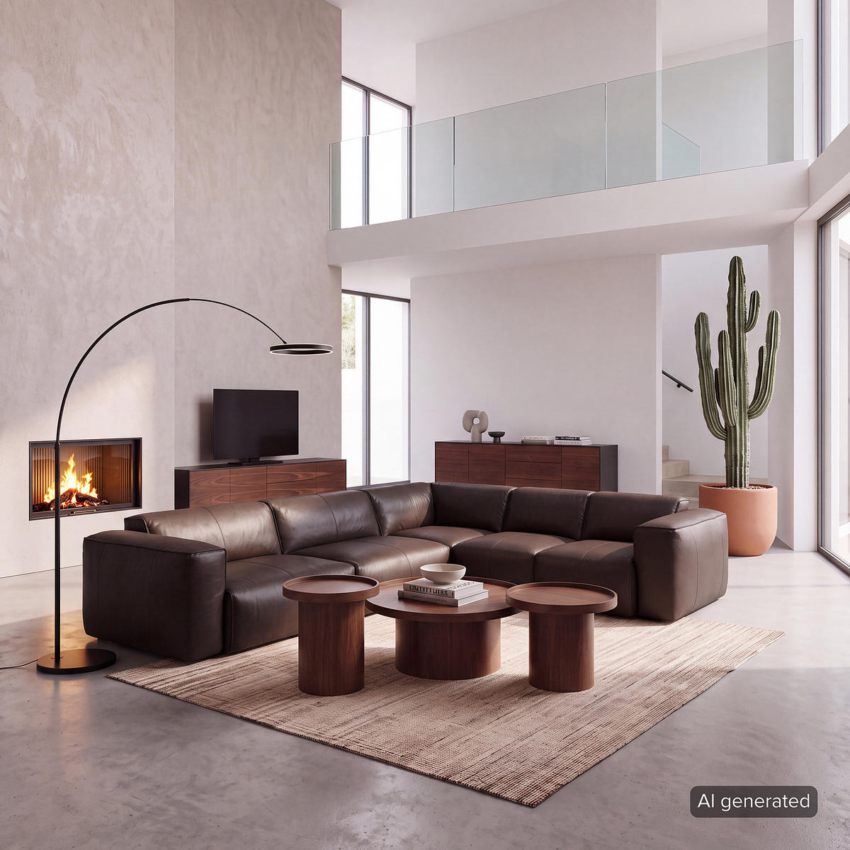 ECKSOFA mit Rundecke - Dunkelbraun/Schwarz, Leder/Kunststoff (325/260cm) - home24