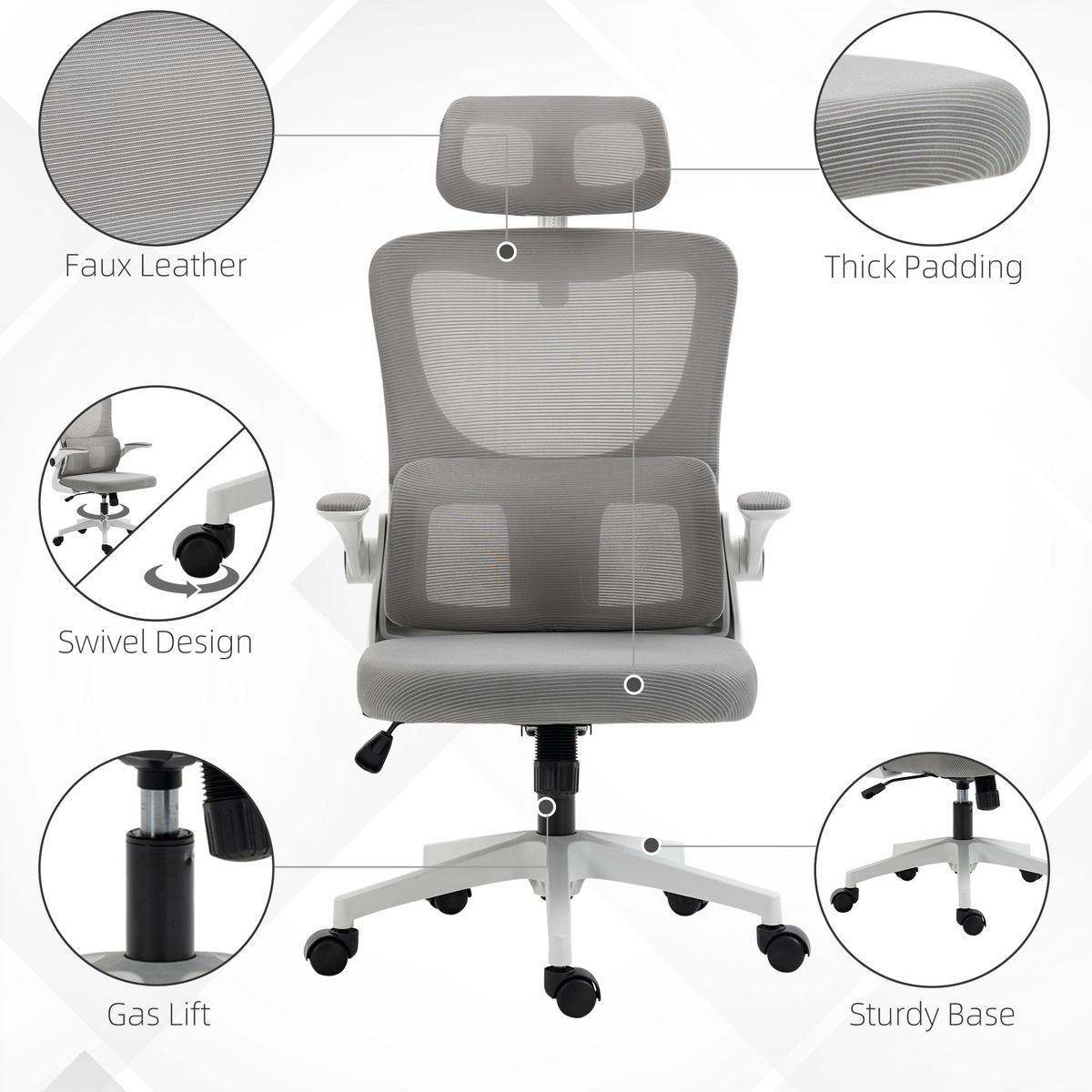 BÜROSTUHL Ergonomisch, Schreibtischstuhl mit Verstellbar Armlehne, Mesh, Grau - Grau, Textil (59/122/60cm) - Vinsetto