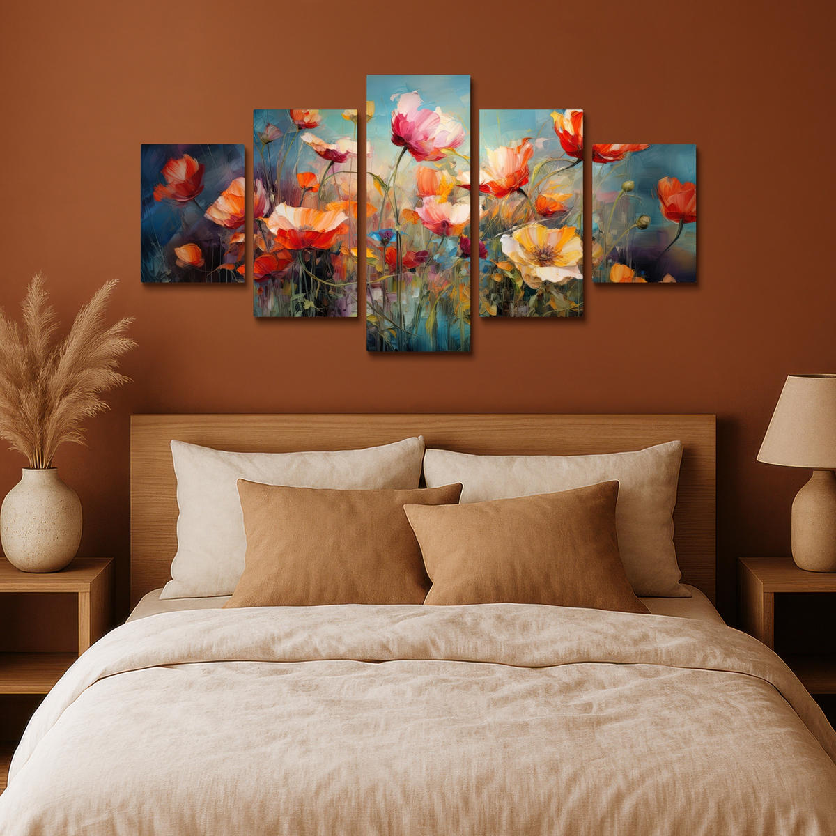 LEINWANDBILD 5er Set Blumen - Bunt - Abstrakt 150x80 cm - Blaugrau, Textil (150/80cm) - MuchoWow
