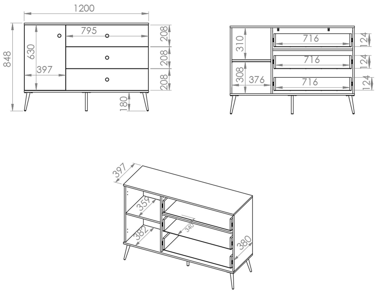 Thumbnail - Feldmann-Wohnen Sideboard, Grün, Gold, Holz, 1 Fächer, 3 Schubladen, Rechteckig, 120x85x40 cm, Wohnzimmer, Kommoden & Si...