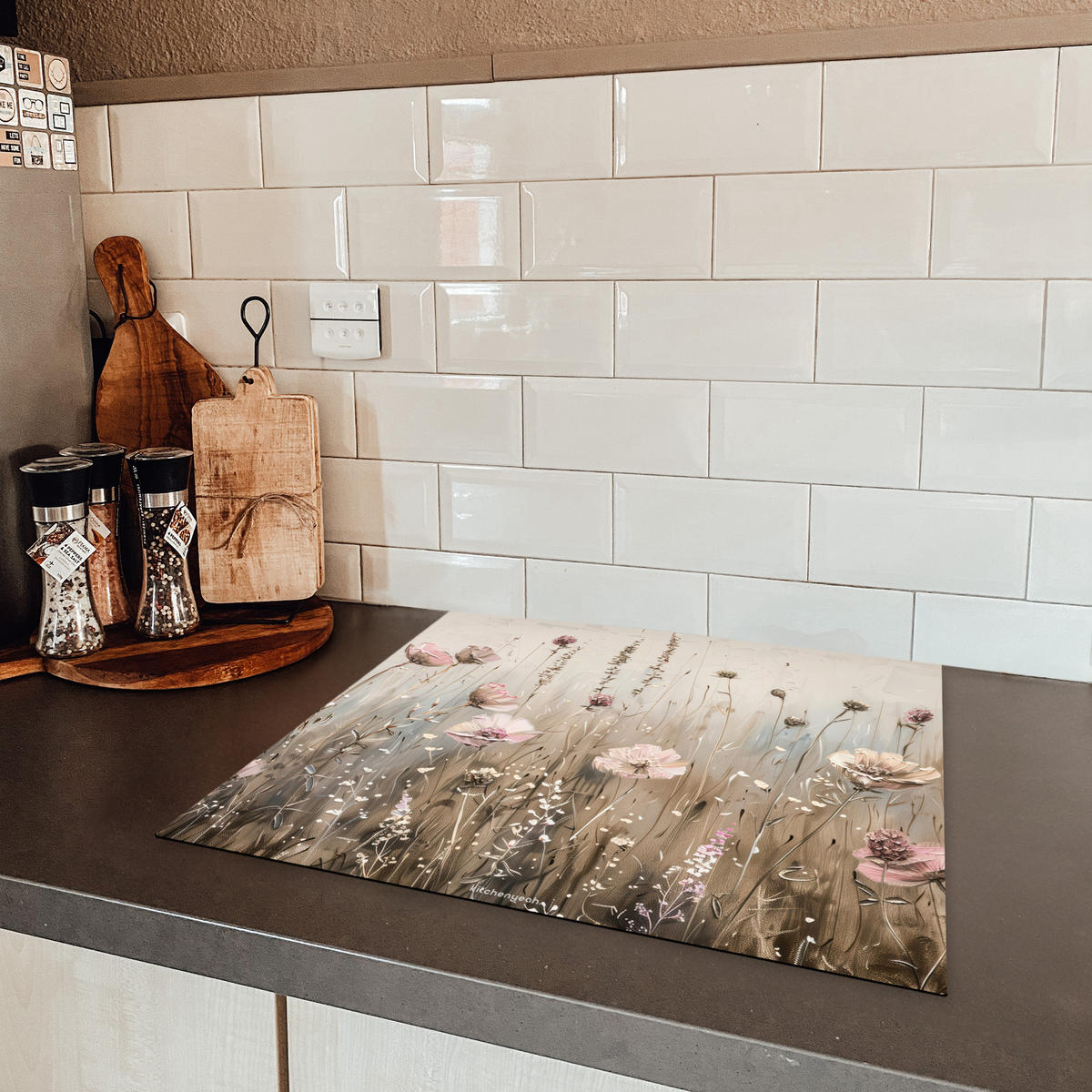 HERDABDECKPLATTE Blumen - Beige - Trockenblumen 60x52 cm - Beige, Kunststoff (60/52/0.2cm) - MuchoWow