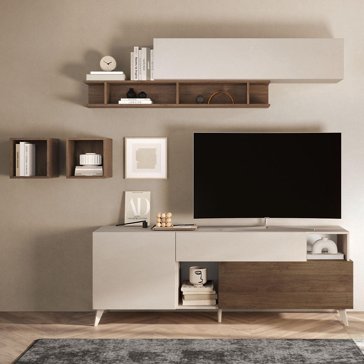 TV-MÖBEL mit 2 Türen, 1 Schublade und 2 Nischen - Mala - 181/43/67 cm - Beige, Holzwerkstoff (43/67/43cm) - Calicosy