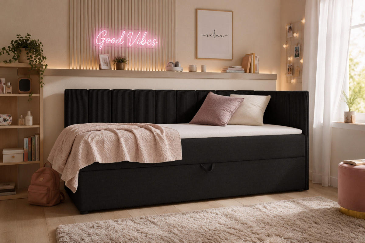 BOXBETT VIGO 90/200 cm in Cord/Velours Schwarz H4 rechts - Schwarz, Holz/Holzwerkstoff (90/200cm) - Deine Möbel 24