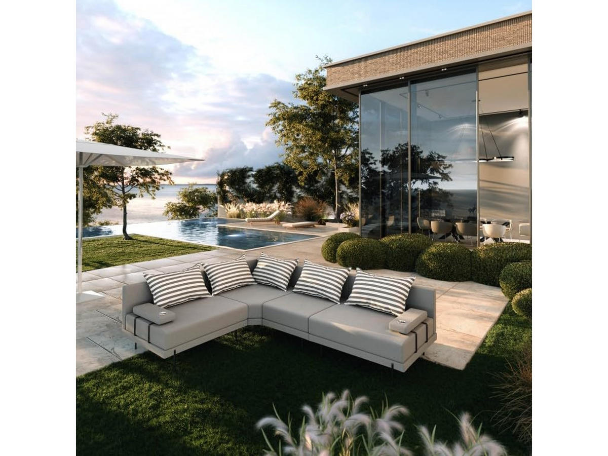 GARTENSOFA BAHAMA M - Links - Wetterfeste Balkonmöbel & Terrassenmöbel Außen - Moderne Lounge Möbel für Garten - Balkon & Terrasse - Grau gestreift - Grau, Kunststoff (298/75/222cm) - Trada
