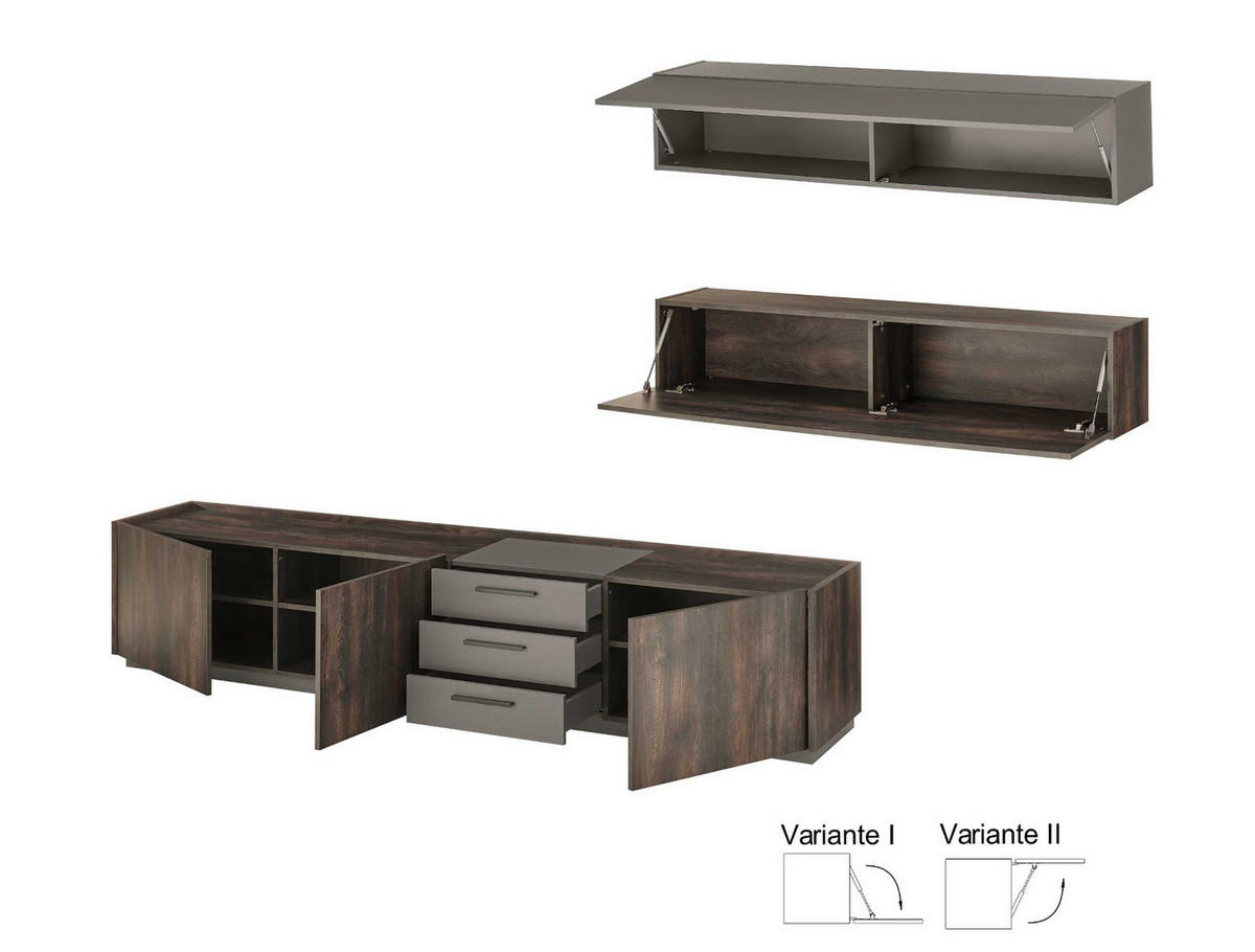 WOHNWAND Thermo Eiche, grau, Set 3-teilig mit XXL TV-Lowboard und Soft-Close - Eichefarben/Grau, Holzwerkstoff/Metall (390/200/45cm) - Furn.Design