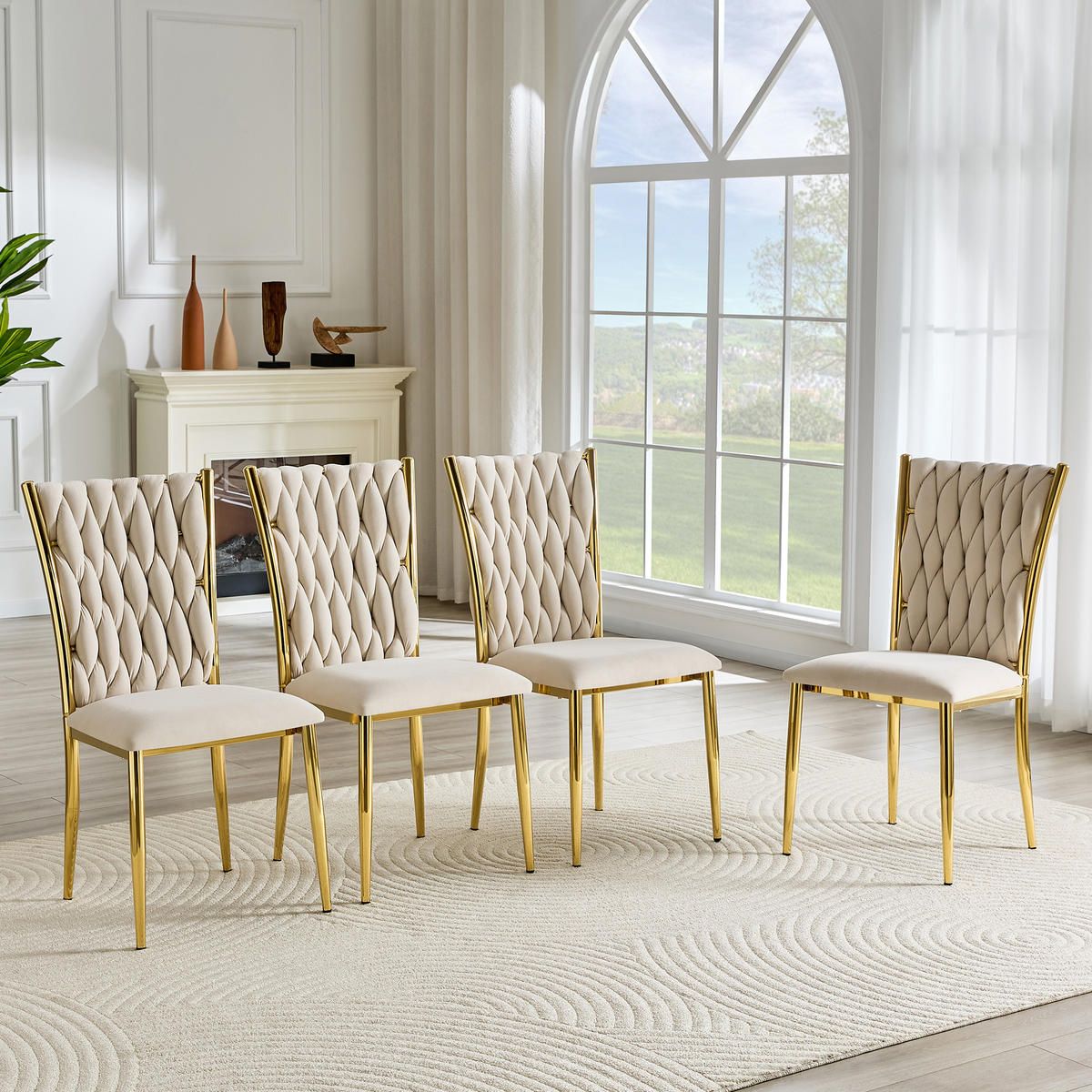 STUHL-SET DE-36807 4 Stück mit handgeflochtenem Muster Beige - Beige, Metall (45/94/58cm) - ComfortXL