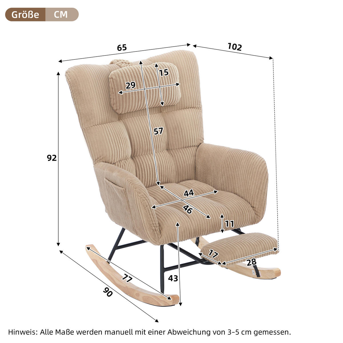 SCHAUKELSTUHL gepolstert hoher Rücken Stoff Braun Sessel - Braun, Textil (102/92/65cm) - FLIEKS