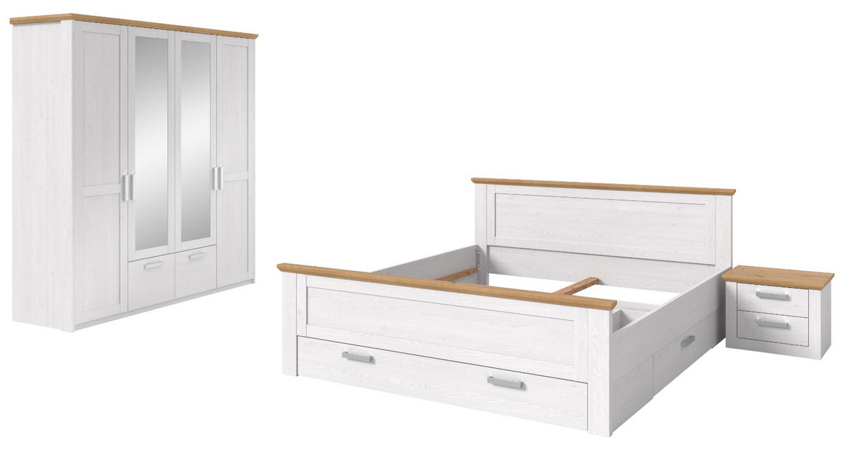 SCHLAFZIMMER weiß Lärche, Eiche Artisan Landhaus, Komplettset mit Bett Liegefläche 180 x 200 cm - Eichefarben/Silberfarben, Holzwerkstoff/Kunststoff (180/200cm) - Inn.Furn