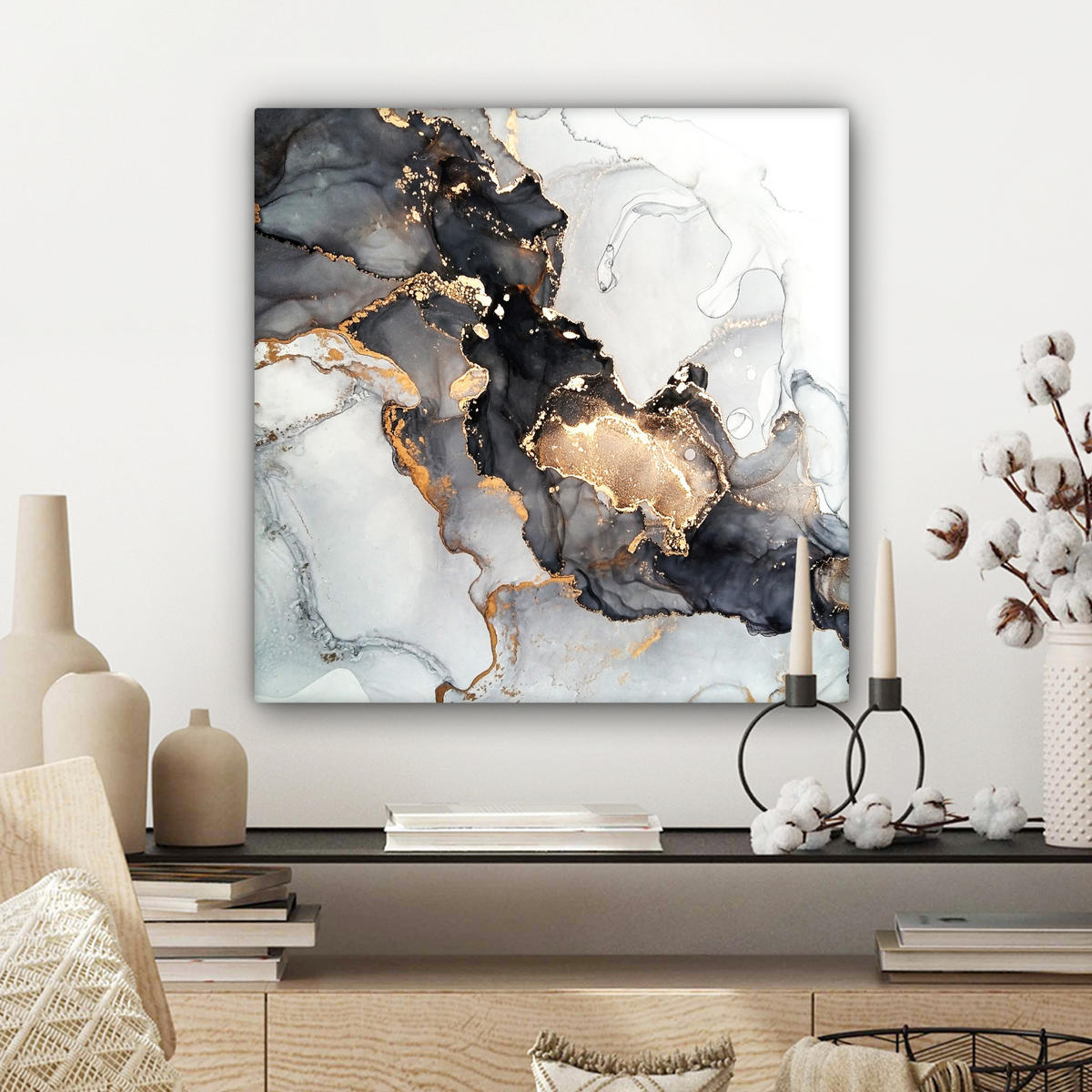 LEINWANDBILD Marmor - Schwarz - Weiß - Gold - Luxus - Abstrakt Wandbild Wohnzimmer 50x50 cm - Goldfarben, Textil (50/50cm) - MuchoWow