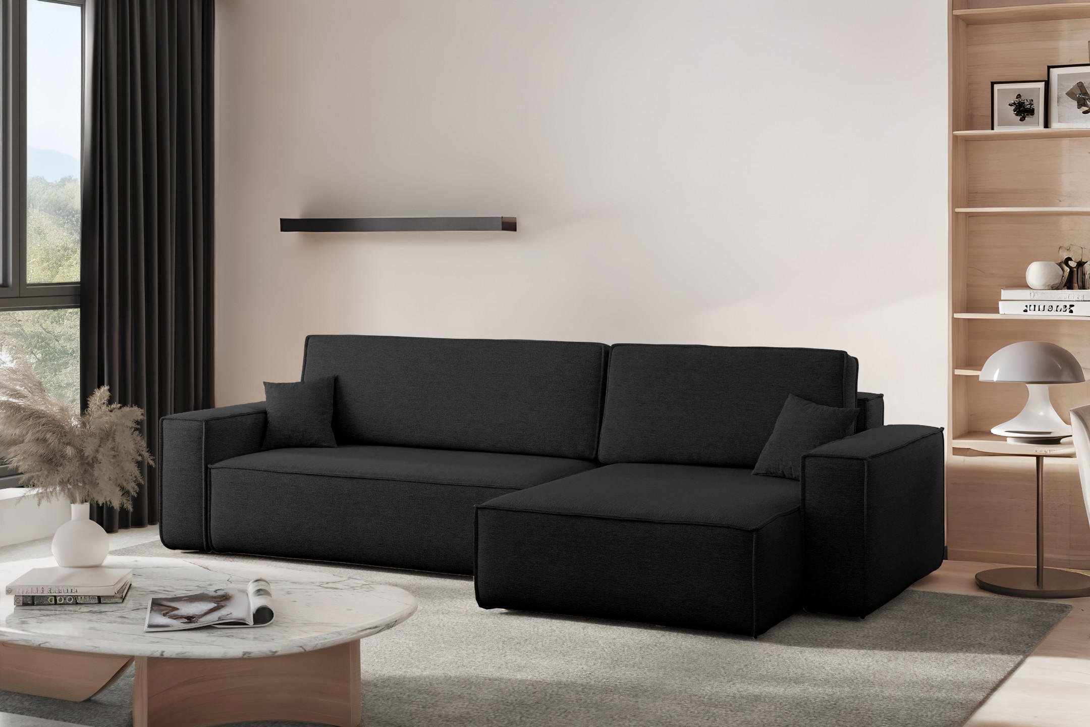 ECKSOFA Mit Schlaffunktion Und Bettkasten, Eckcouch Best XL Stoff Verita Schwarz Rechts - Schwarz, Holz (274/145cm) - Kaiser Möbel