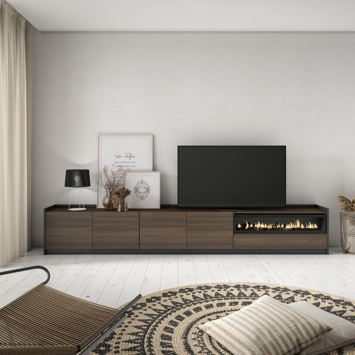 TV-SCHRANK, Dunkler Eiche und Schwarz, Elektrokamin, 310/37/50cm - Dunkelbraun, Holzwerkstoff (310/50/37cm) - Skraut Home