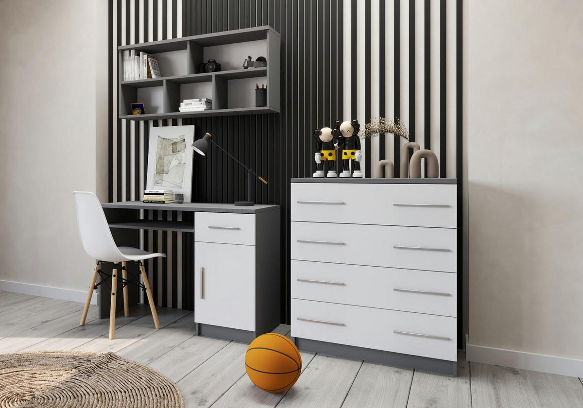 JUGENDZIMMER Arivo in Weiß und Grau 3 teilig Kinderzimmer Komplett Set mit Schreibtisch, Wandregal und Kommode - Weiß, Holzwerkstoff (80/200/120cm)