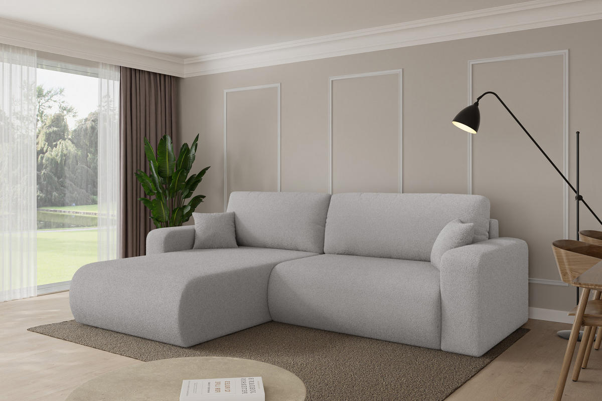 ROHOVÁ SEDAČKA s funkcí spaní, otoman vlevo BERY-L 276x193x88 světle šedá bouclé - černá/stříbrná, kompozitní dřevo/textil (276/193cm) - ALTDECOR