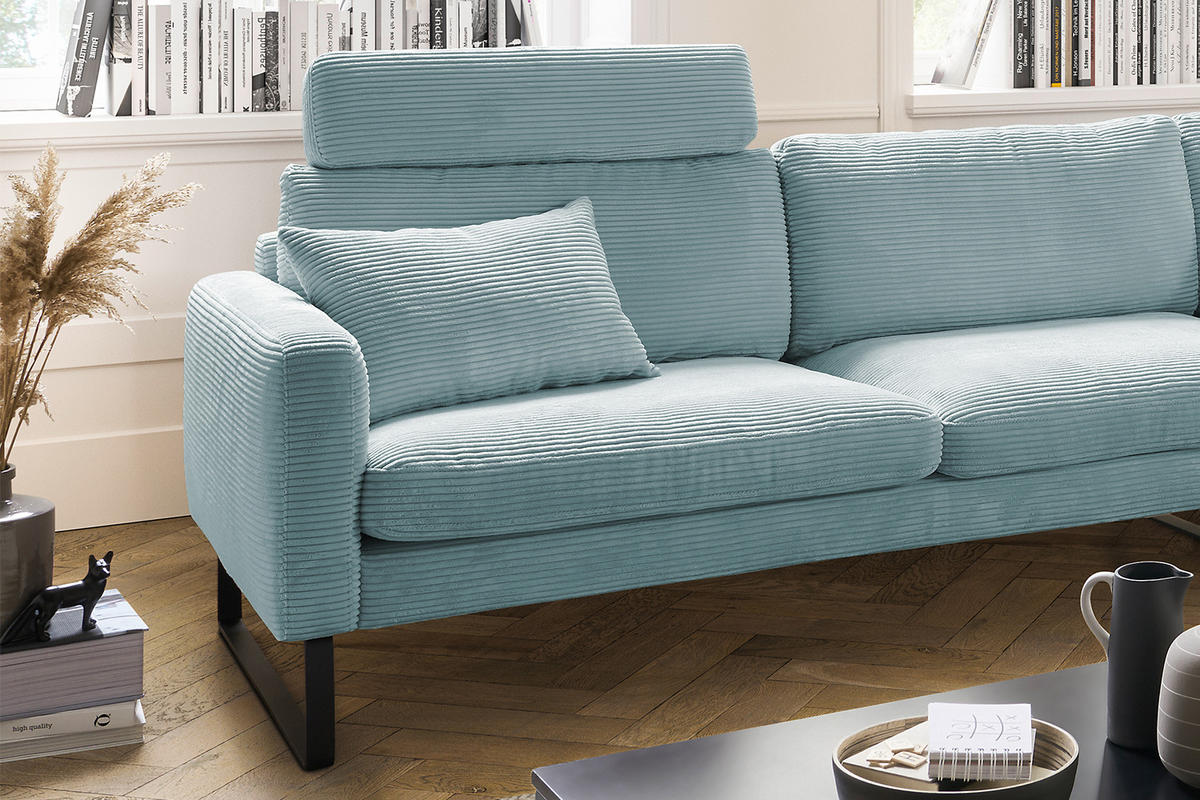 ECKSOFA RICARDA Hellblau Cord - Schwarz/Hellblau, Textil/Metall (298/154cm) - KAWOLA