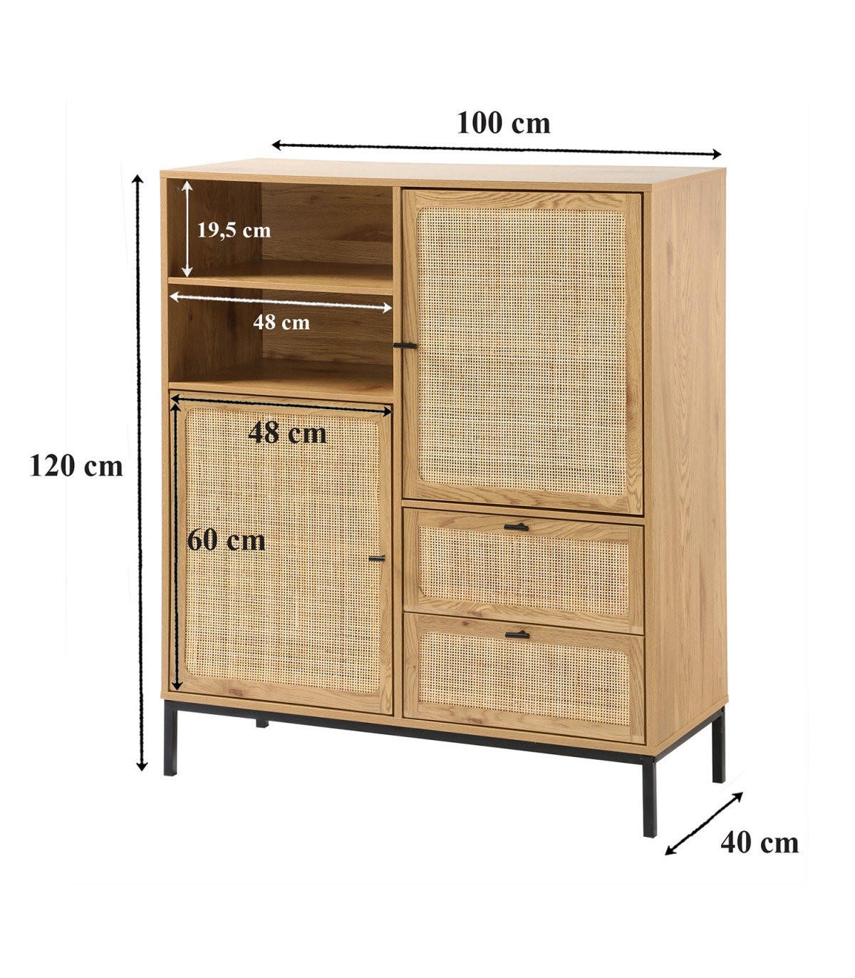HOHE Buffetschrank mit Rattanfronten - L100 x H120 cm - JAYA - Apfelbaumfarben, Holzwerkstoff (40/120/100cm) - Calicosy