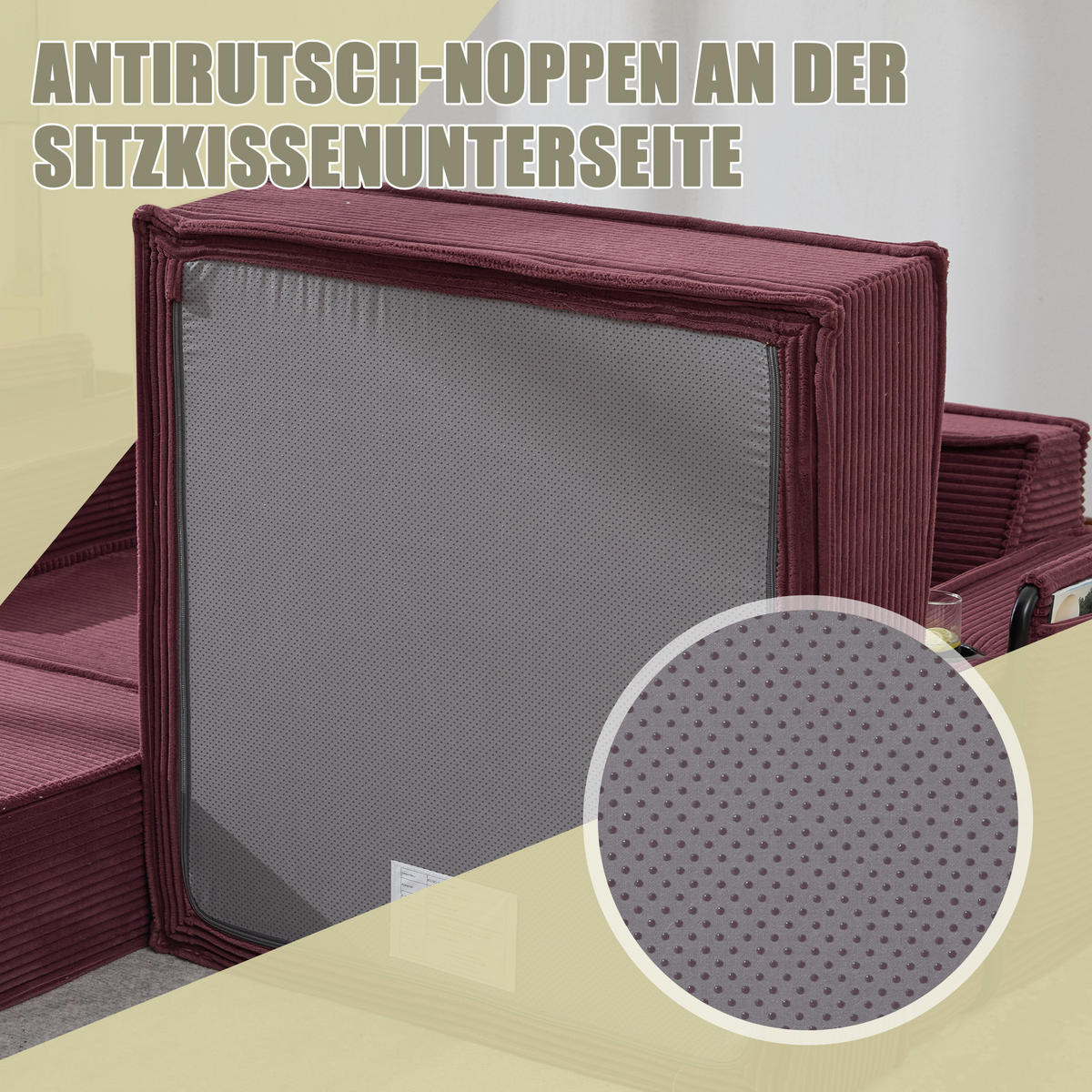 SCHLAFSOFA 162/78/66 cm Weinrot Cord mit seitlichem Stauraum und Getränkehaltern - Weinrot, Textil (162/66/78cm) - Oxeza