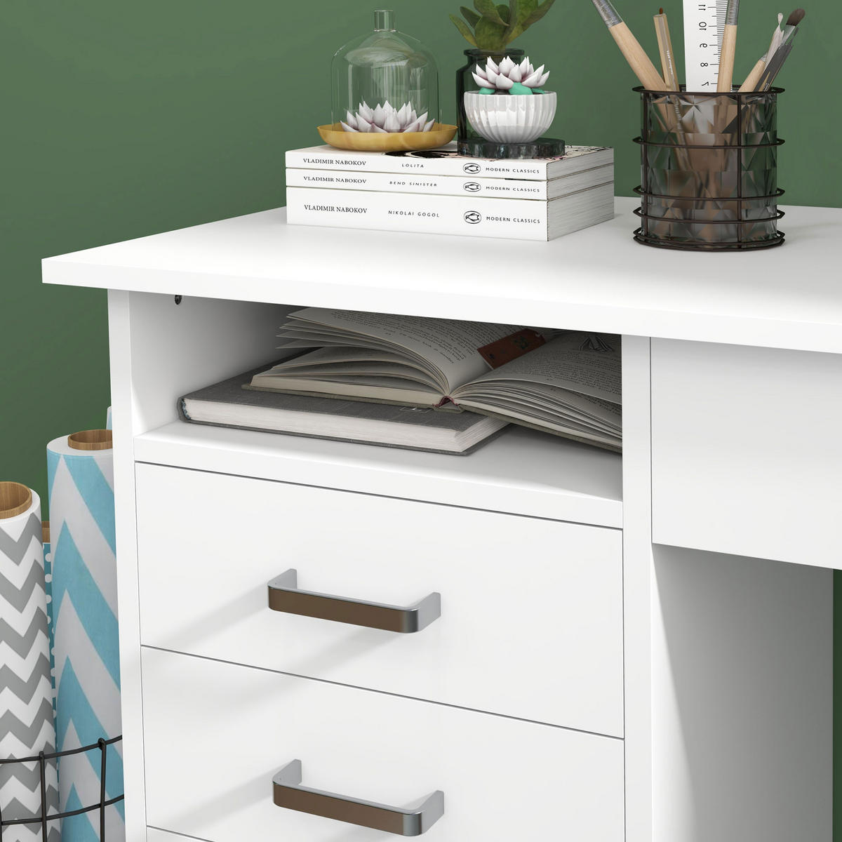 SCHREIBTISCH DE-14874 5 Schubladen mit abschließbarem Fach Weiß - Weiß, Holzwerkstoff (110/50/76cm) - ComfortXL