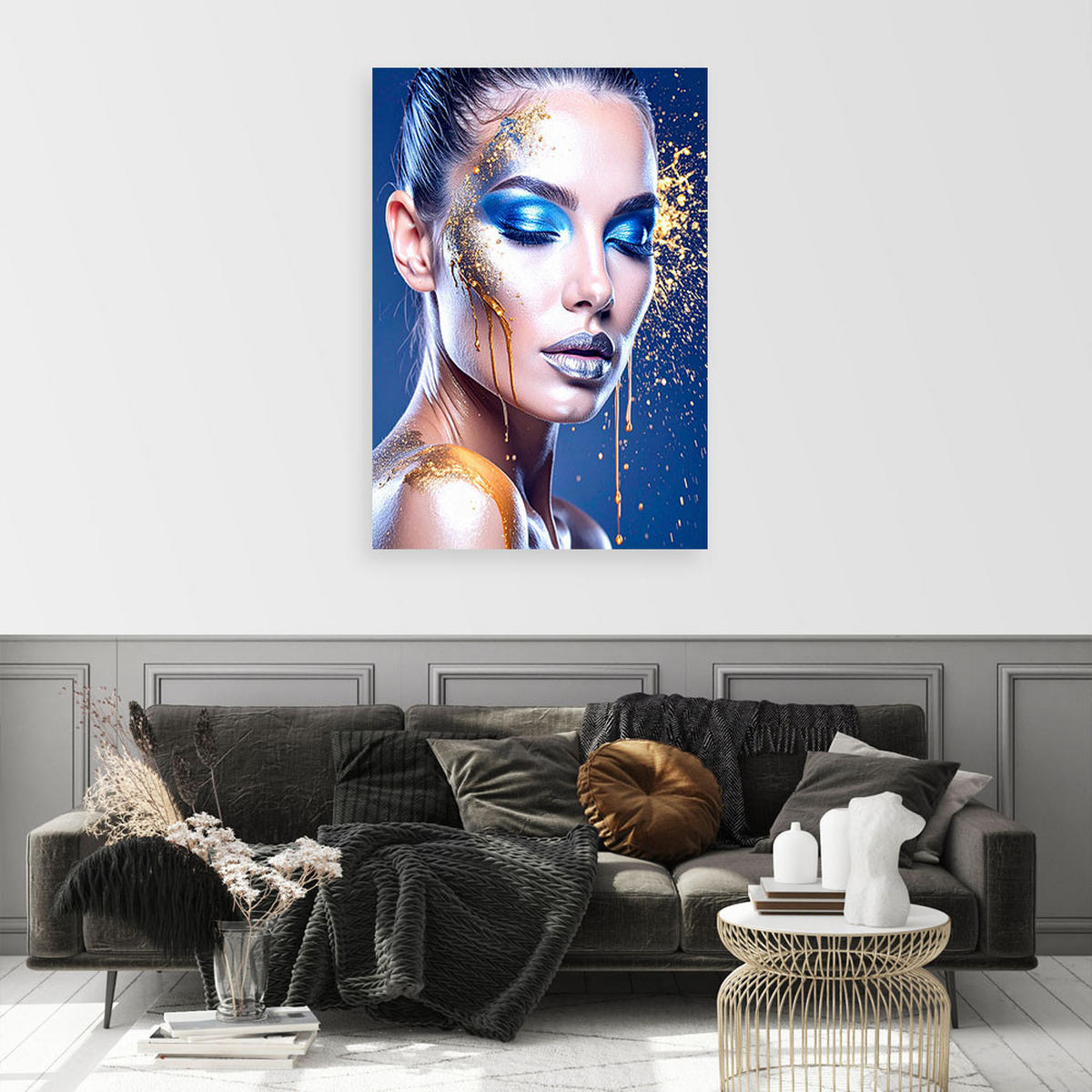 BILD auf Leinwand, Porträt einer Frau in Blau- und Goldtönen - Blau, Textil (30/45cm) - Feeby