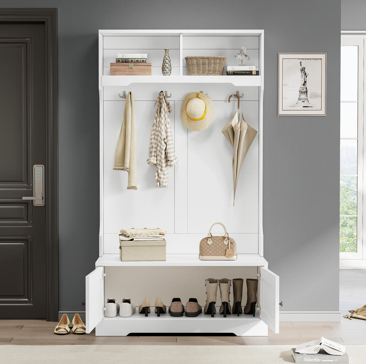 GARDEROBENSCHRANK 101,5/183 cm aus Spanplatte mit Sitzbank und Sanftschluss Weiß - Weiß, Holzwerkstoff (101/183/47cm) - Modenvie