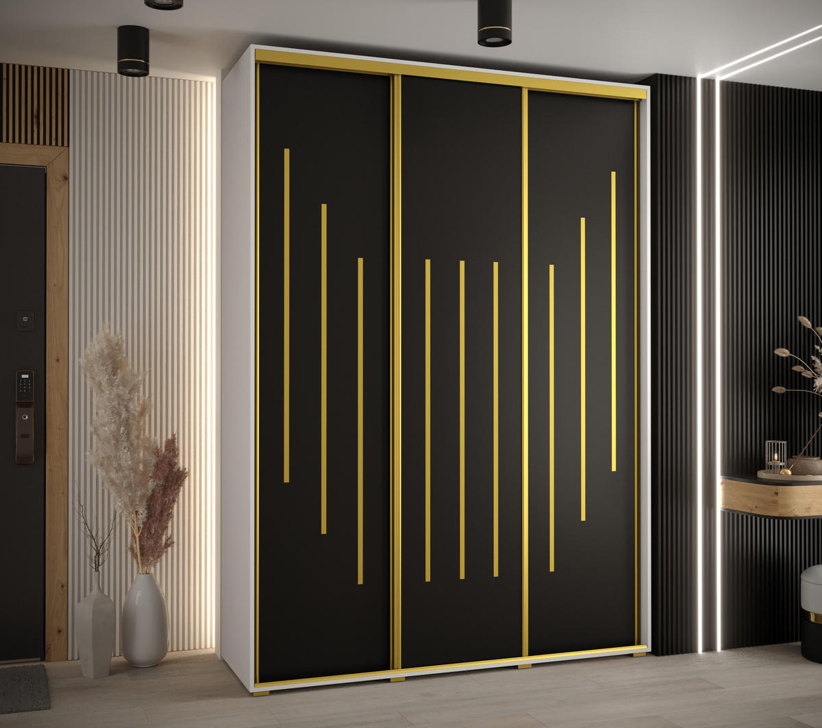 SCHWEBETÜRENSCHRANK 235,2/180/60 3-türig - Goldfarben/Schwarz, Holz/Metall (180/235/60cm) - Abiks Möbel