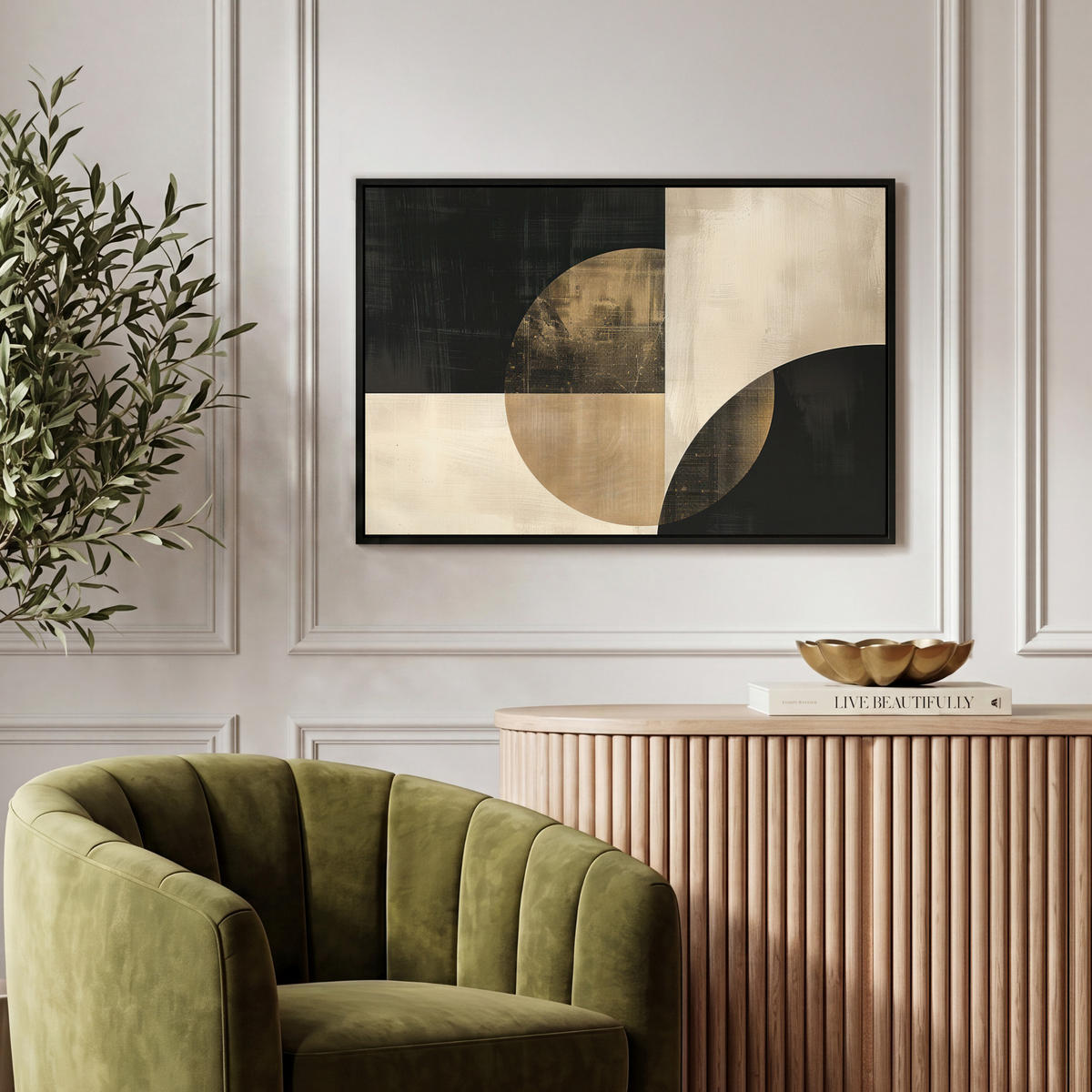 LEINWAND Bilder mit Rahmen - Abstrakt - Geometrische Formen - Schwarz - Gold - 60x40 - Ecru, Textil (60/40cm) - MuchoWow