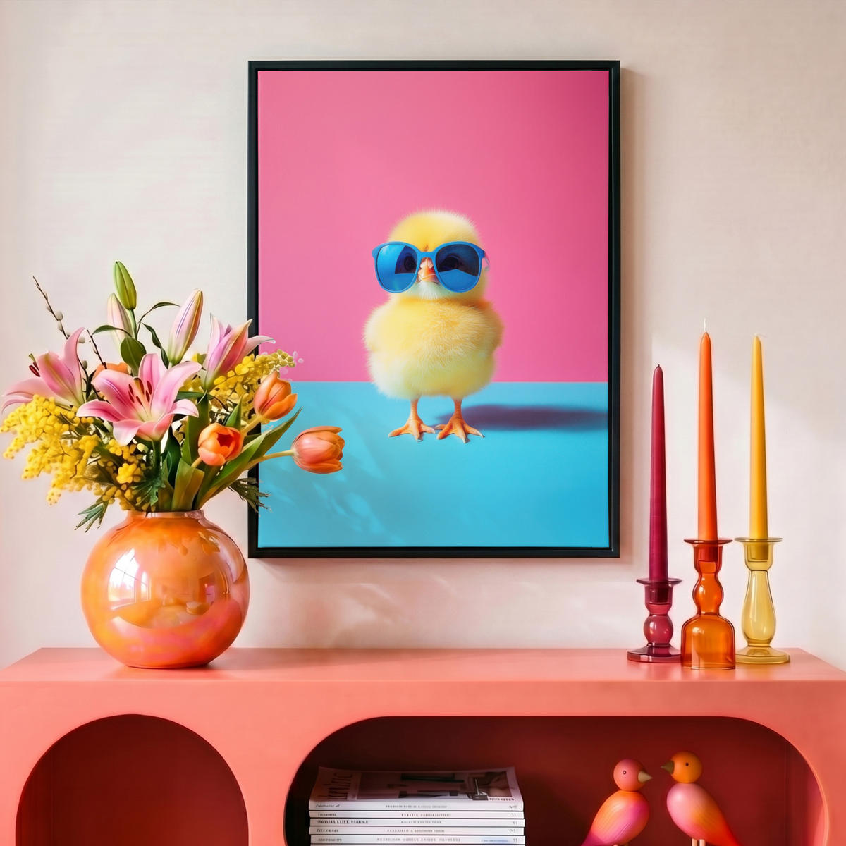 LEINWAND Bilder mit Rahmen - Chick - Sonnenbrille - Blau - 30x40 - Pink, Textil (30/40cm) - MuchoWow