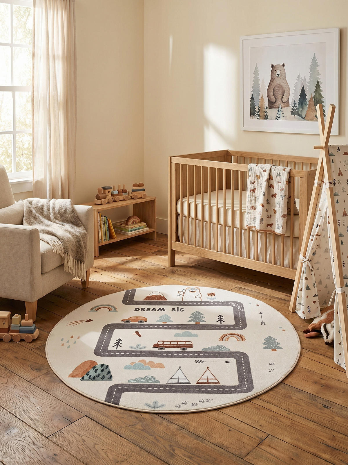 SPIELTEPPICH Waschbar TINO in Creme, mit Straßenkarten-Motiv, Ø 160 cm - Beige, Textil (160/160cm) - KADIMA DESIGN